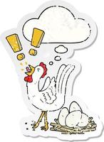 cartoon chicken laying egg and thought bubble as a distressed worn sticker vector