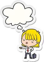 cartoon efficient businesswoman and thought bubble as a printed sticker vector