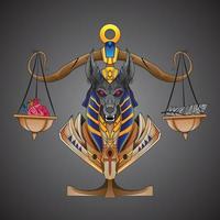 el dios egipcio anubis mide el corazón humano y la pluma en escalas sagradas. Dios de la muerte
