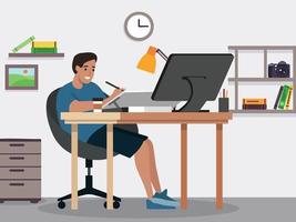 Graphic designer and illustrator working on his workplace with computer and table flat vector illustration