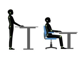 Correct and incorrect back posture for reading and writing, standing and sitting cartoon vector illustration isolated on white background. Portrait of man showing correct and incorrect back posture