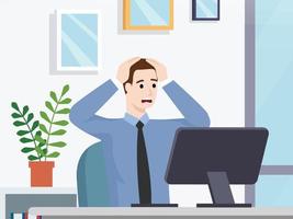 Panic and stressed man working at his office holding his head with both hands vector