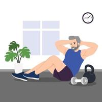 Cool old man doing sit up exercise flat vector illustration isolated on white background