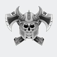 diseño de attoos ilustración en blanco y negro calavera de guerrero vikingo con perfecto para el diseño de camisetas, calcomanías, afiches, mercadería y logotipo de deportes electrónicos vector