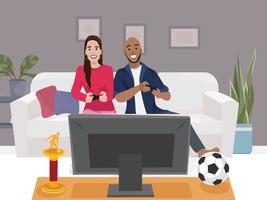 linda pareja jugando videojuegos en la sala de estar ilustración vectorial plana