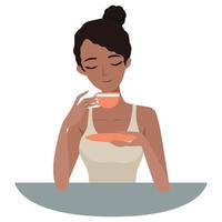 una mujer sostiene una taza de té o café. el placer de una bebida caliente. ilustración vectorial vector