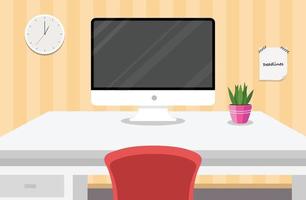 espacio de trabajo con pantalla de computadora como plantilla en una ilustración de vector plano de escritorio