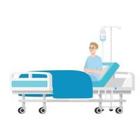 hombre enfermo sentado en la cama del hospital. Ilustración de vector plano de carácter de paciente de hospital aislado sobre fondo blanco