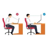 correct working position people flat vector illustration isolated on white background. Sitting posture set. Right and wrong positions. Healthy lifestyle.