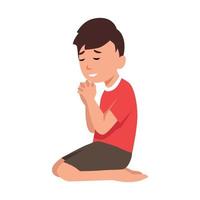 cute little boy praying on the ground folded his hand. flat vector illustration isolated on white background