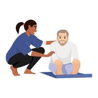 Physiotherapist or rehabilitologist doctor rehabilitates elderly patient. Vector flat cartoon illustration. Physiotherapy rehab, injury recovery and healthcare concept.