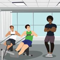 Professional fitness coach with training plan and men doing fitness exercises on a gym, people exercising under control of personal trainer vector Illustration