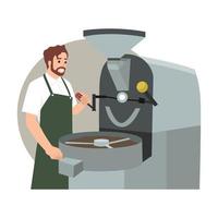 Process of roasting coffee beans in industrial roaster. Barista monitors operation of equipment. Bags with raw and finished product. Packaged coffee in paper bags on shelves. Flat cartoon vector