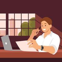 Man looking at a piece of paper while thinking in a room flat vector illustration