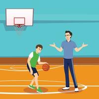 illustration of a basketball coach giving instruction to a boy who is dribbling the ball in the court