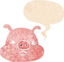 cartoon angry pig face and speech bubble in retro textured style vector