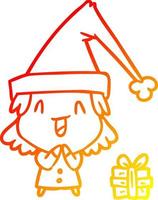 warm gradient line drawing girl wearing christmas hat vector
