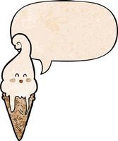 cartoon ice cream and speech bubble in retro texture style vector