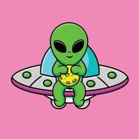 Cute Alien Holding Moon On Ufo Cartoon Vector Icon Illustration. Science Technology Icon Concept Isolated Premium Vector.