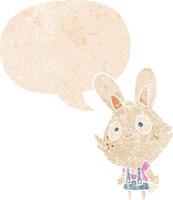 cartoon rabbit shrugging shoulders and speech bubble in retro textured style vector