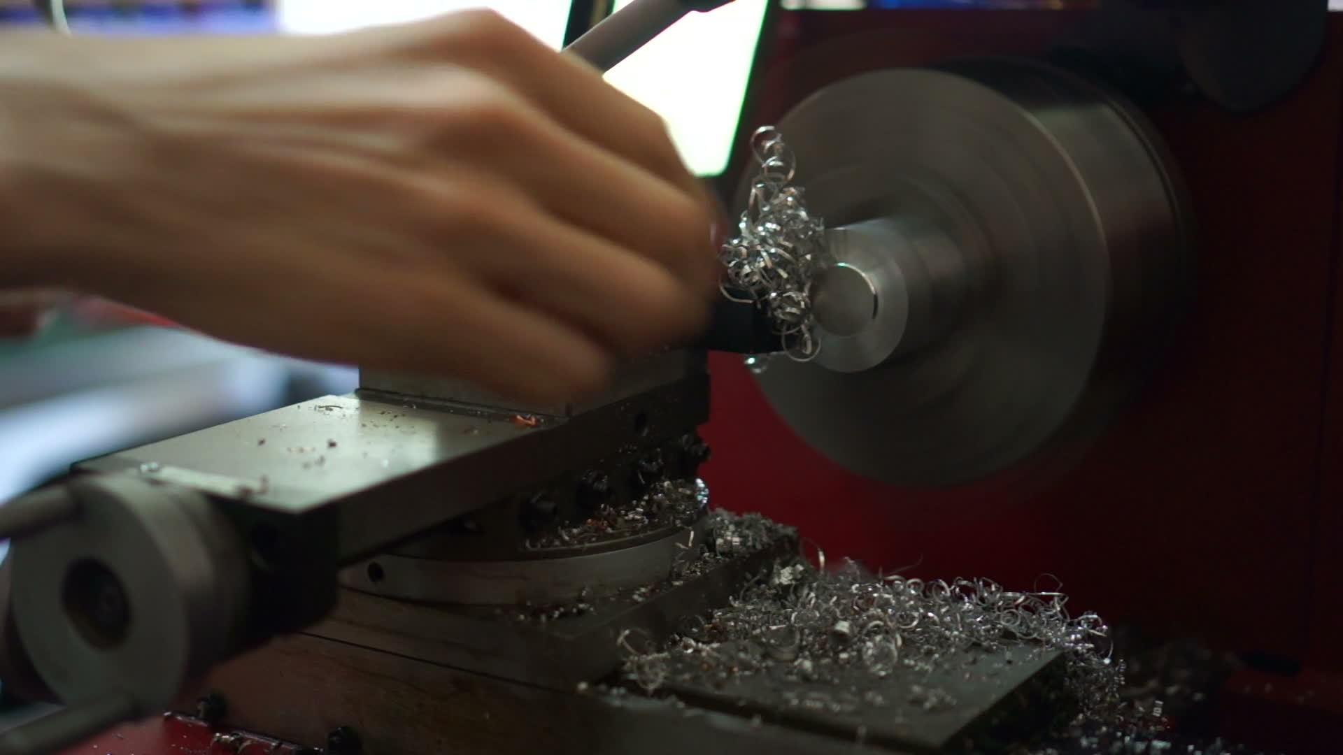 Metal lathe smooths the end of a aluminum rod. 8578445 Stock Video at
