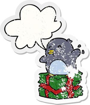 pingüino de dibujos animados en presente envuelto y pegatina angustiada de burbuja de habla vector