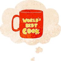 la mejor taza de cocinero del mundo y burbuja de pensamiento en estilo retro texturizado vector