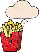 cute cartoon box of fries and thought bubble in grunge texture pattern style vector