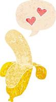 cartoon banana in love and speech bubble in retro textured style vector