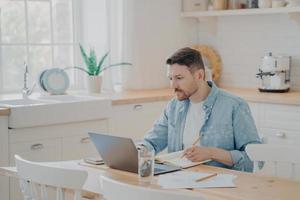 Portrait of handsome focused businessman working on project remotely from home photo