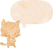 cartoon cat and speech bubble in retro textured style vector