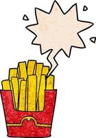 cartoon junk food fries and speech bubble in retro texture style vector