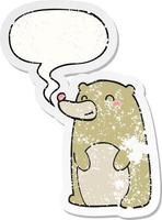 cute cartoon bear and speech bubble distressed sticker vector