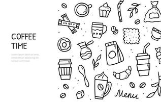 conjunto de garabatos de café dibujados a mano. símbolos y objetos vectoriales. plantilla de banner horizontal. ilustración de estilo de boceto. vector