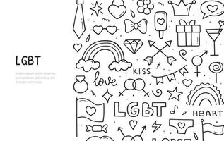Hand drawn doodle set of LGBT theme items. Web banner template. Vector illustration.