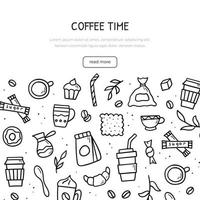 Hand drawn doodle set of coffee theme items. Banner template. Sketch style illustration. vector