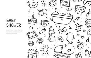 Hand drawn set baby and newborn doodle. Sketch style. Horizontal banner template. Vector illustration.