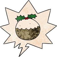 cartoon christmas pudding and speech bubble in retro texture style vector