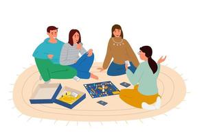 grupo de amigos jugando al juego de mesa sentados en la ilustración vectorial del suelo. mujer explicando palabras del naipe. aislado en blanco