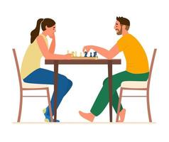 Couple Playing Chess At Table At Home. Flat Vector Illustration. Isolated On White.