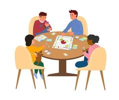 Kids Playing Board Game At Table  Vector Illustration. Isolated On White.
