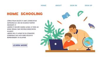 Homeschooling or online education website template set. Kid seats at table with parent or tutor and learning at home. Vector design.