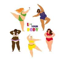Body positive concept with beautiful  plus size women dancing in colorful swimsuits. Multy ethnic beauty. Flat cartoon vector illustration.