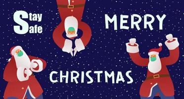 Marry Christmas Banner With Funny Dancing Santa Clauses In Protective Masks. Stay Safe Concept. Vector Illustration.