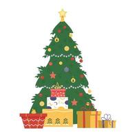 Decorated Christmas tree with gift boxes flat vector illustration. Isolated on white.