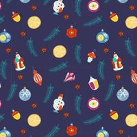 Christmas Seamless Vector Pattern With Retro Glass Toys And Fir Branches On Dark Blue.