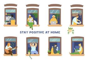 Set of people in windows doing different activities. Studying, reading paper, working, cooking, playing guitar, doing yoga. People staying home. Flat vector illustration.