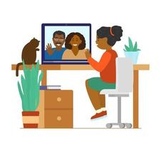 Afroamerican girl talking to parents by videocall. Family videoconference. Online communication. Flat vector illustration.
