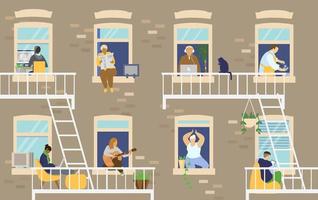 exterior de la casa con personas en ventanas y balcones que se quedan en casa. ilustración vectorial plana. vector