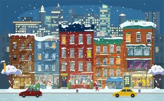 Winter cityscape with snowy houses, shops, decoration elements and Santa with gifts. City street with gift shop, cafe, laundry, pharmacy, book shops. Christmas Night. Winter fairytale. Flat vector. vector